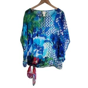 Chico's Tunic Women's Small Medium Floral Sheer Short Sleeve Blue Green‎